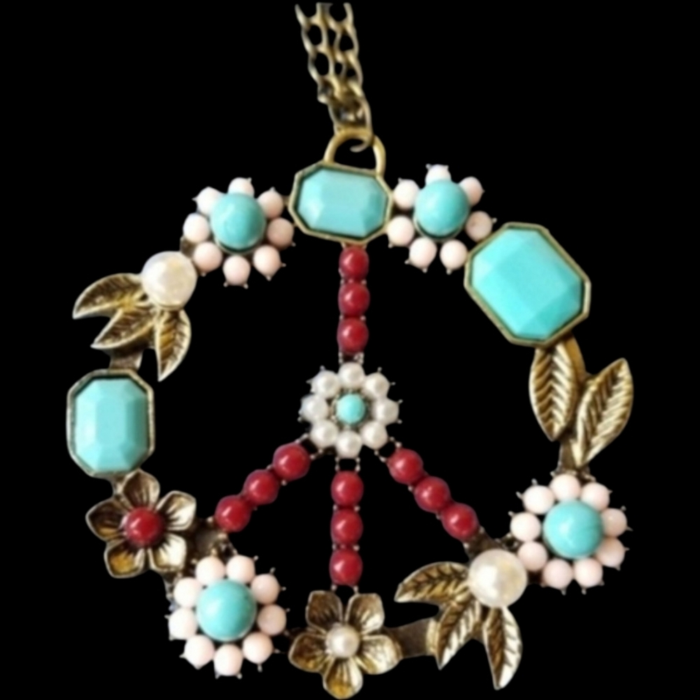 Beautiful Floral Embellished Faux Turquoise Peace Sign Symbol Necklace - NWOT